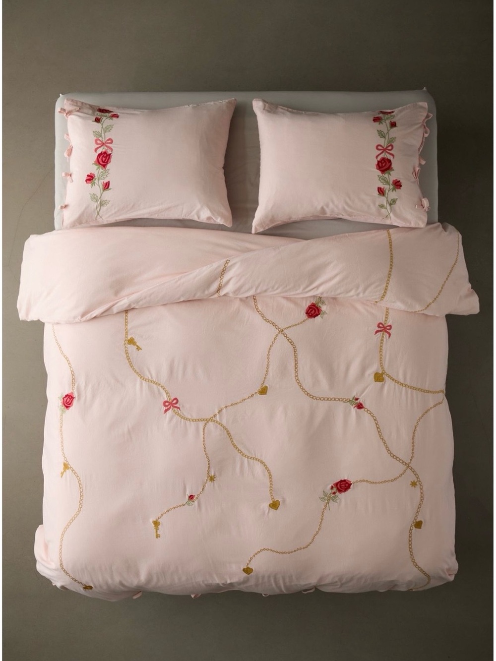 Soft Pink Floral Embroidered Duvet Cover